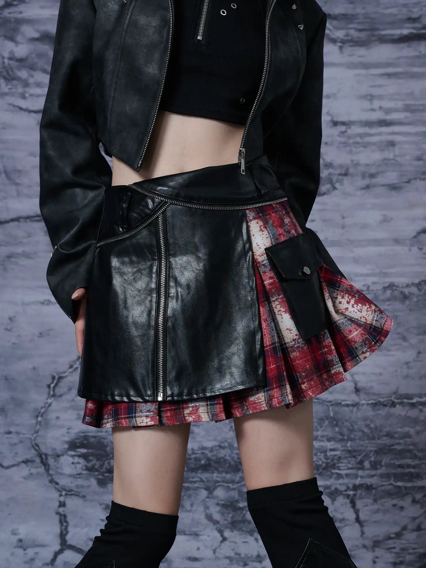 Punk Rock Red Tartan Pleated Pu Mini Skirt