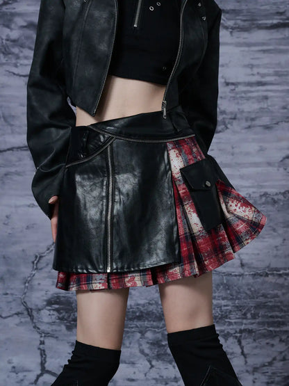 Punk Rock Red Tartan Pleated Pu Mini Skirt