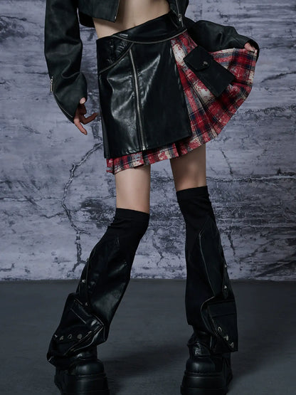 Punk Rock Red Tartan Pleated Pu Mini Skirt