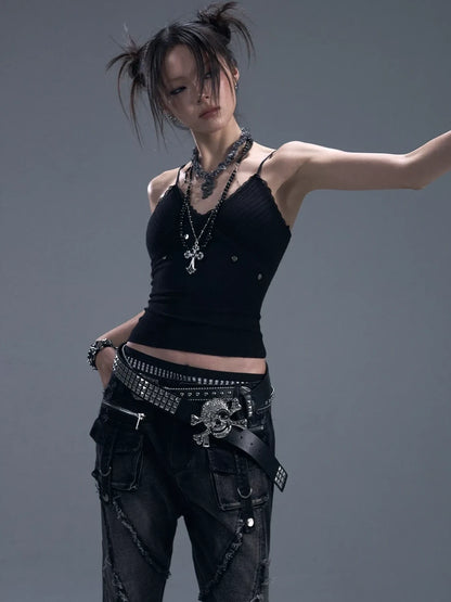 Frustration Garden Punk Rock Studded Knit Vest V-neck T-shirt Long Sleeve