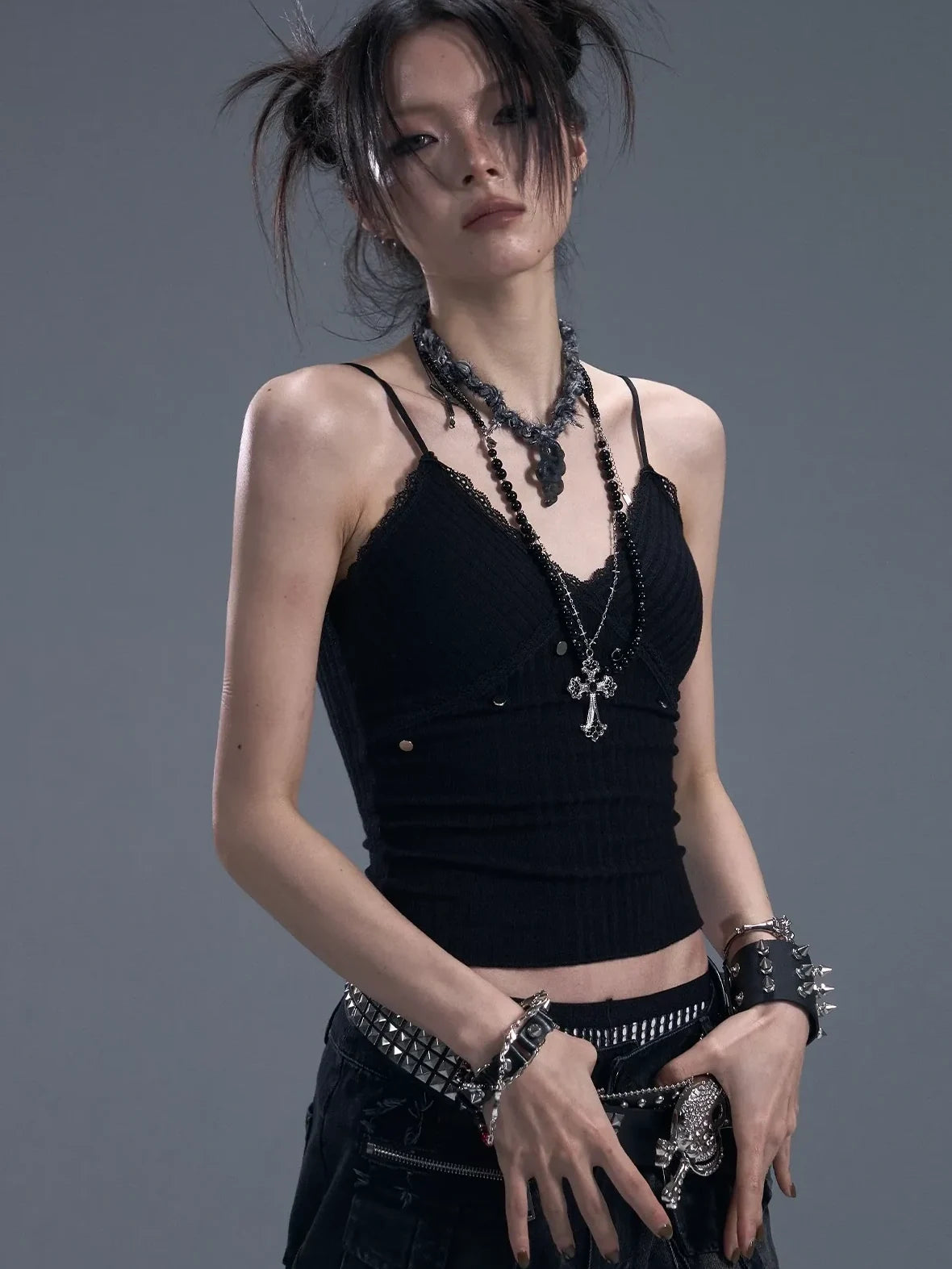 Frustration Garden Punk Rock Studded Knit Vest V-neck T-shirt Long Sleeve