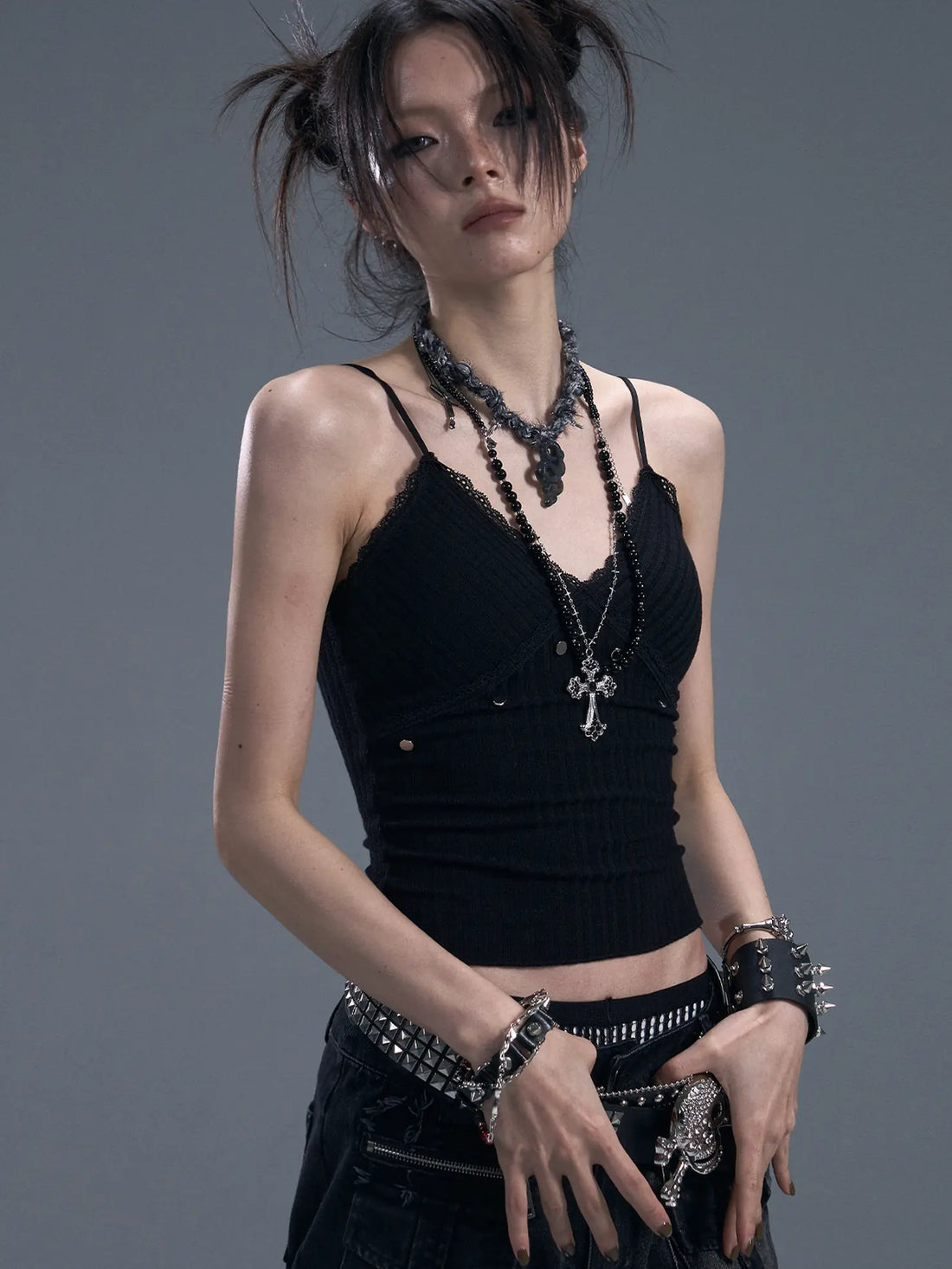 Punk Rock Studded Knit Vest V-neck T-shirt Long Sleeve