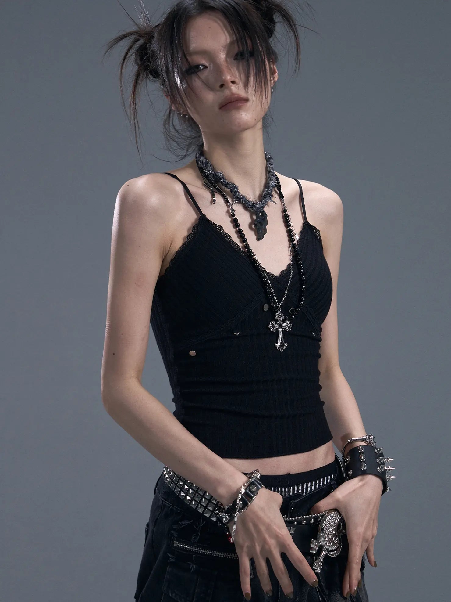Frustration Garden Punk Rock Studded Knit Vest V-neck T-shirt Long Sleeve
