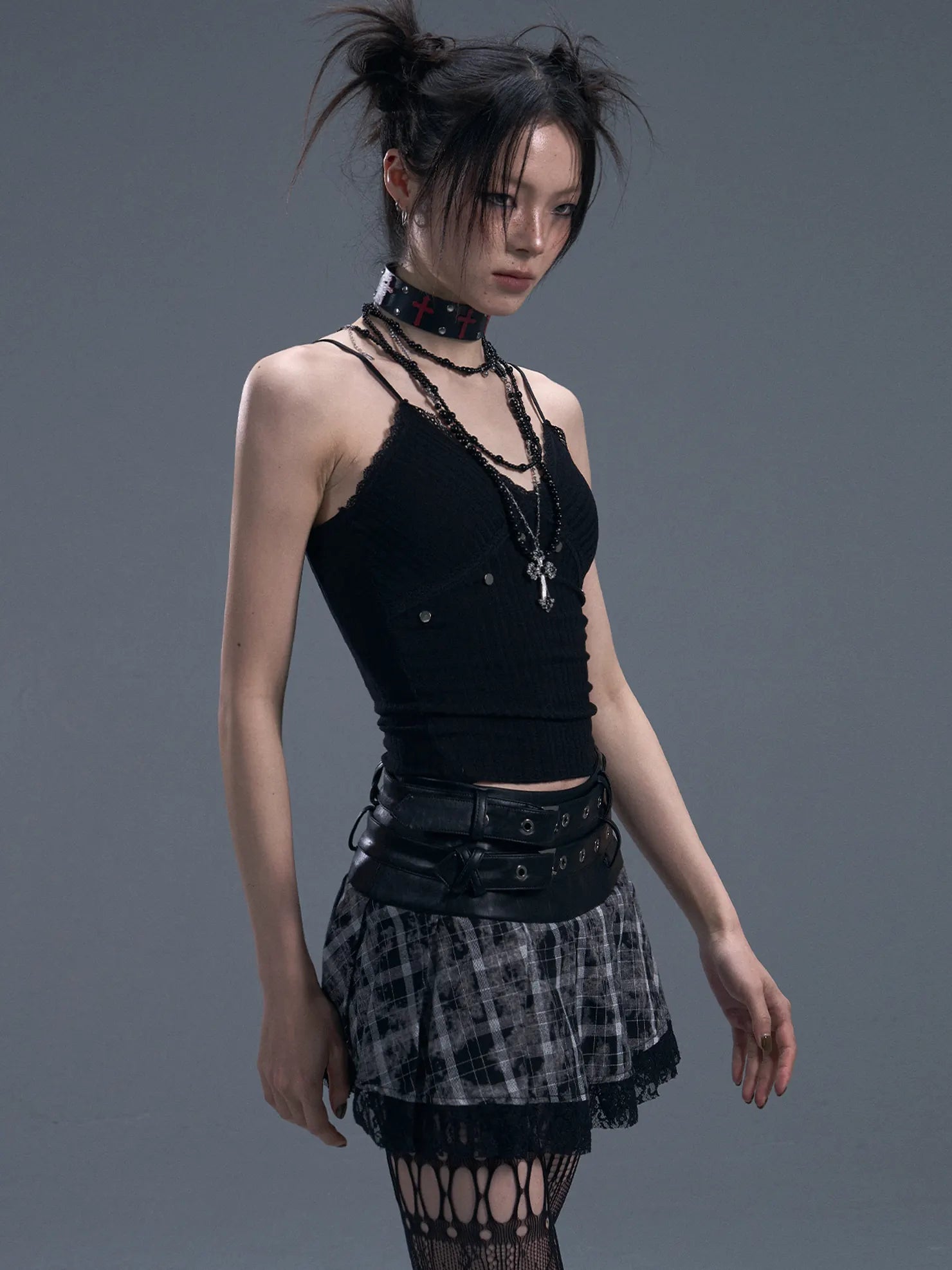 Frustration Garden Punk Rock Studded Knit Vest V-neck T-shirt Long Sleeve