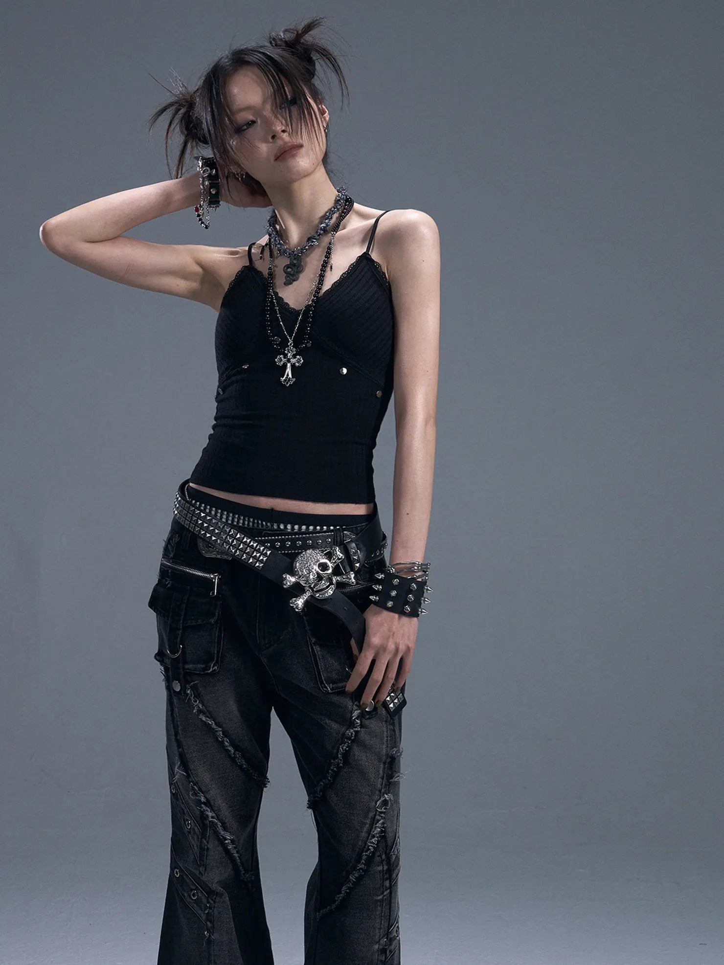 Frustration Garden Punk Rock Studded Knit Vest V-neck T-shirt Long Sleeve