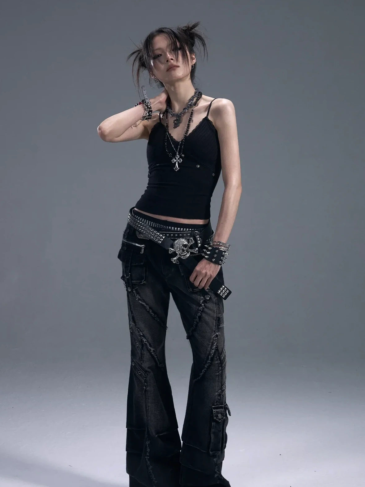 Frustration Garden Punk Rock Studded Knit Vest V-neck T-shirt Long Sleeve