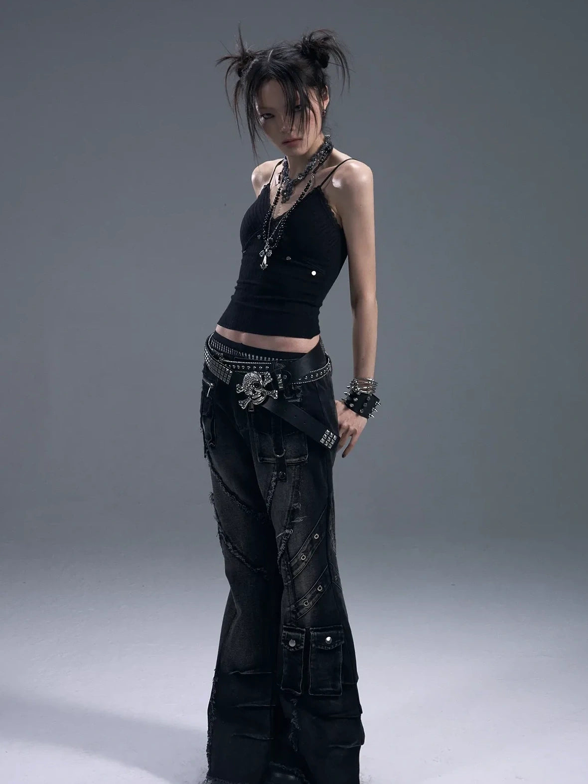 Frustration Garden Punk Rock Studded Knit Vest V-neck T-shirt Long Sleeve