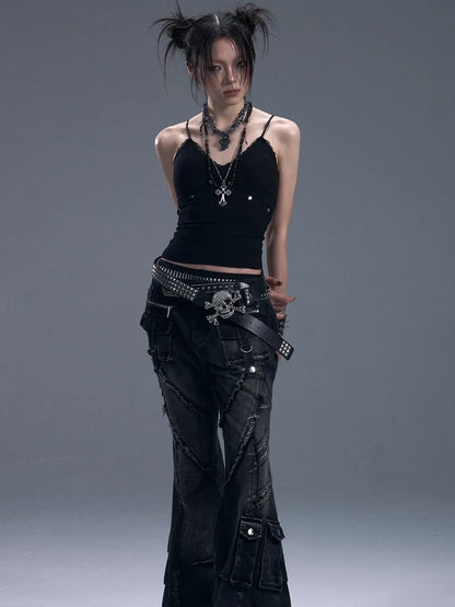 Frustration Garden Punk Rock Studded Knit Vest V-neck T-shirt Long Sleeve
