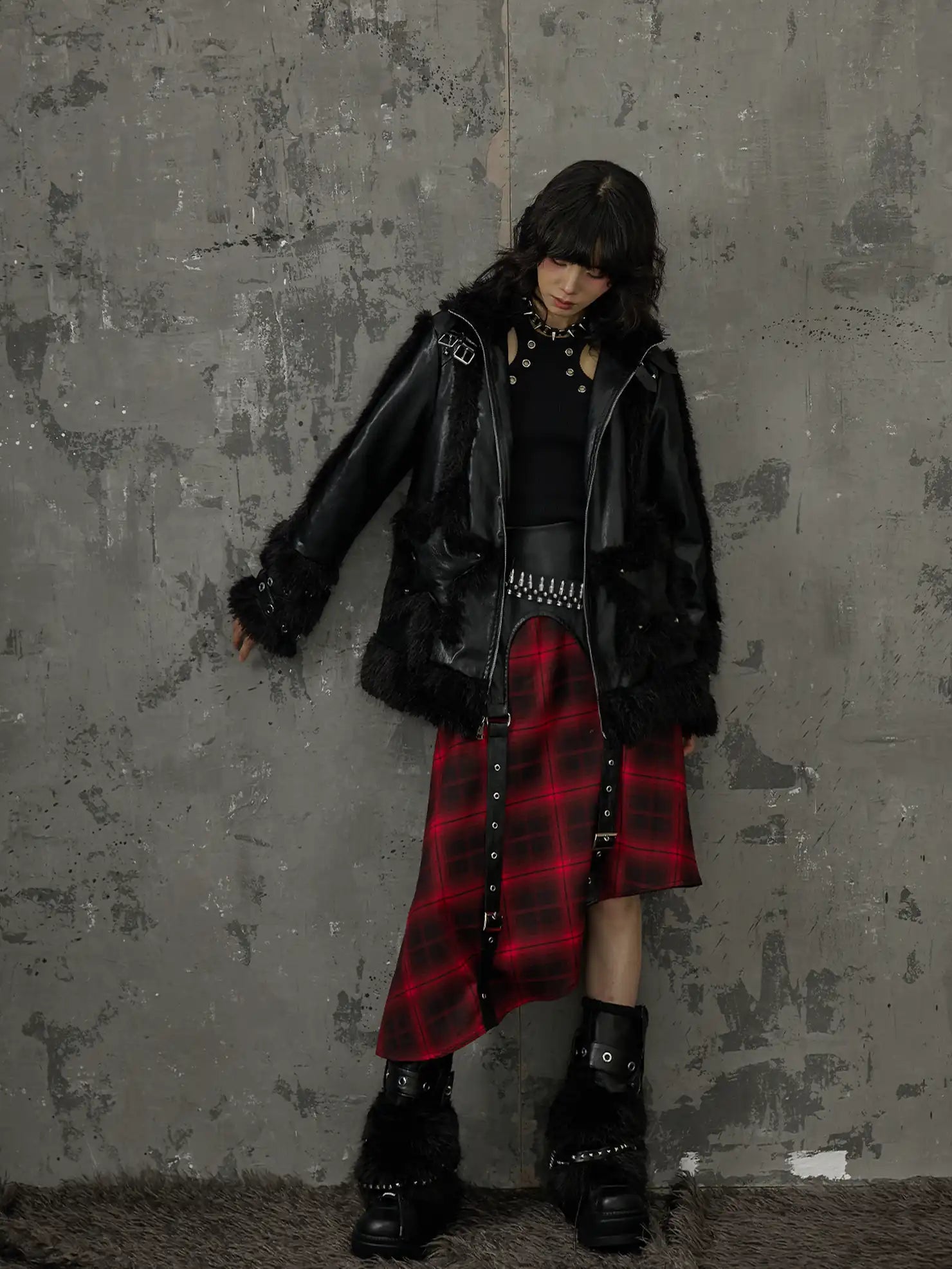 Frustration Garden Punk Star Fur Patchwork Padded Coat