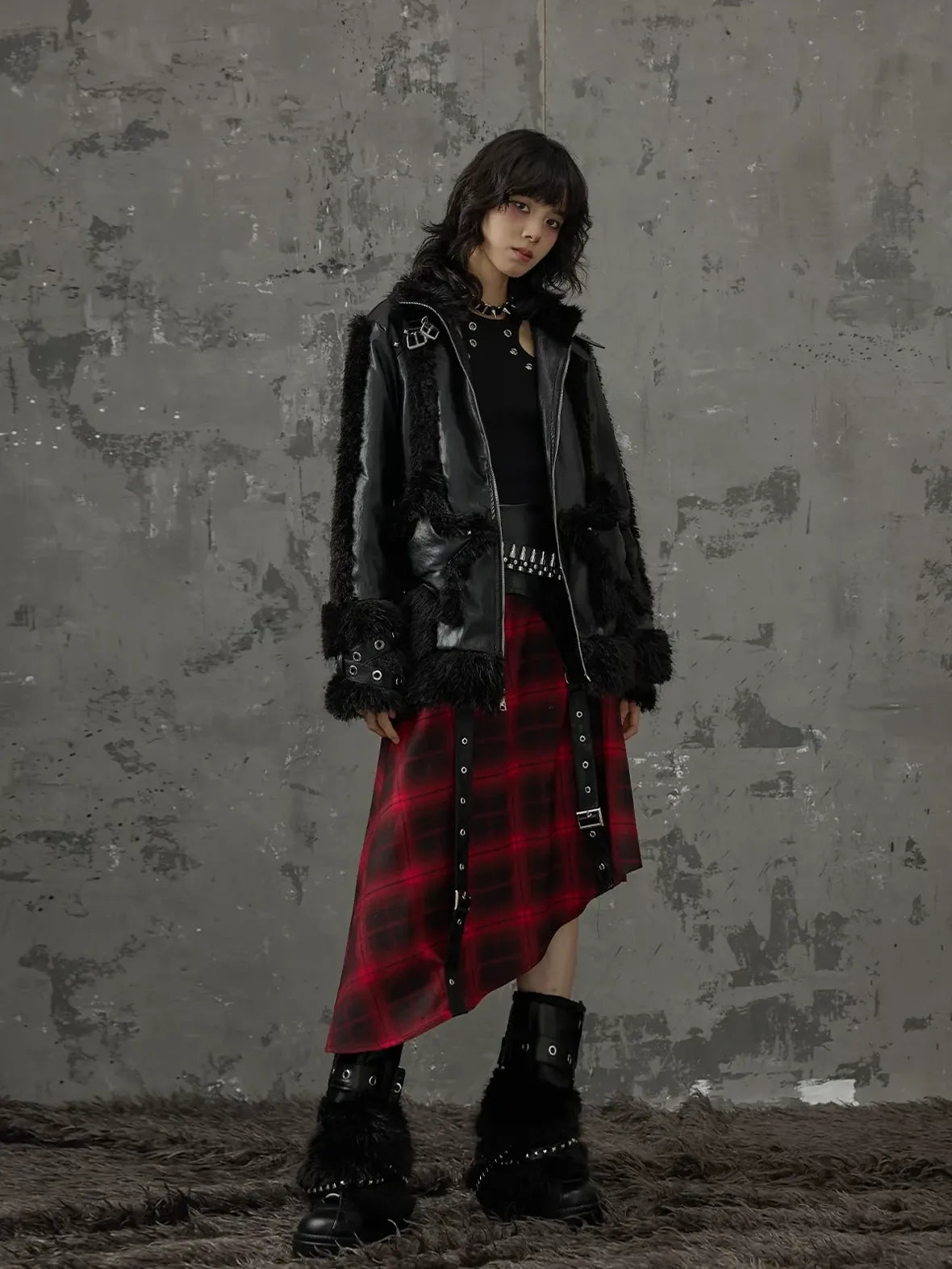 Frustration Garden Punk Star Fur Patchwork Padded Coat