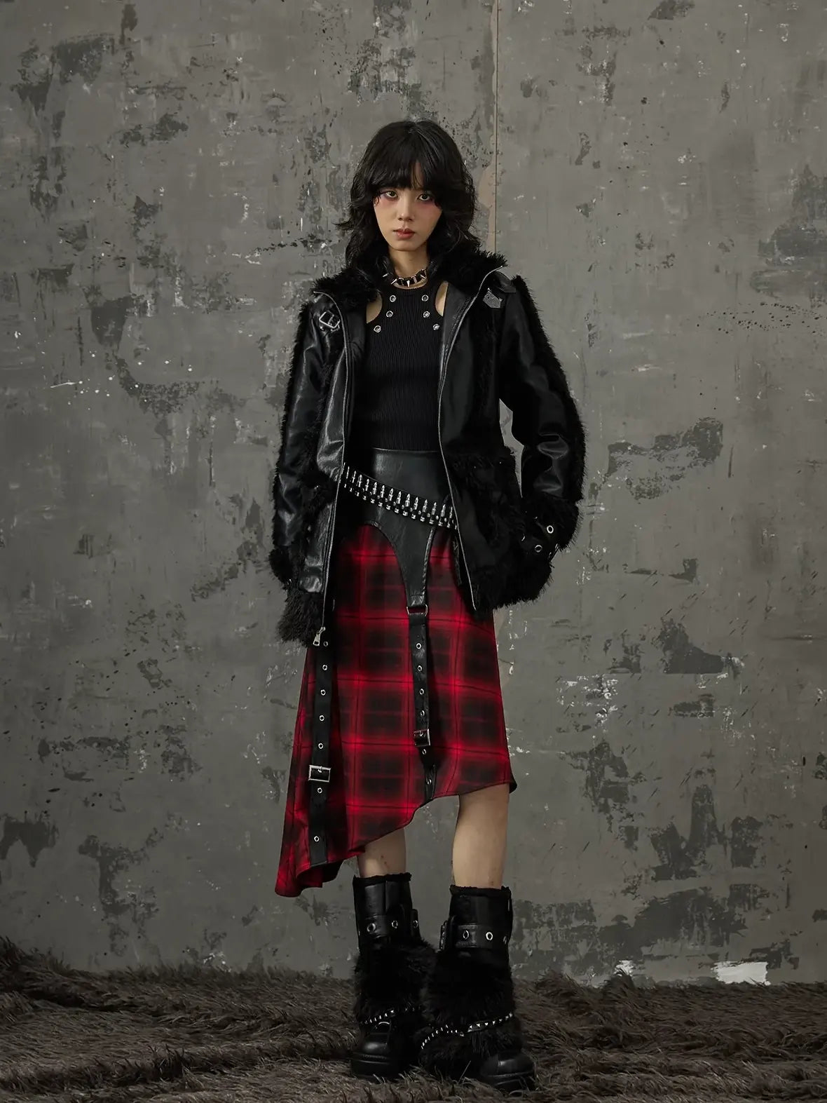 Frustration Garden Punk Star Fur Patchwork Padded Coat