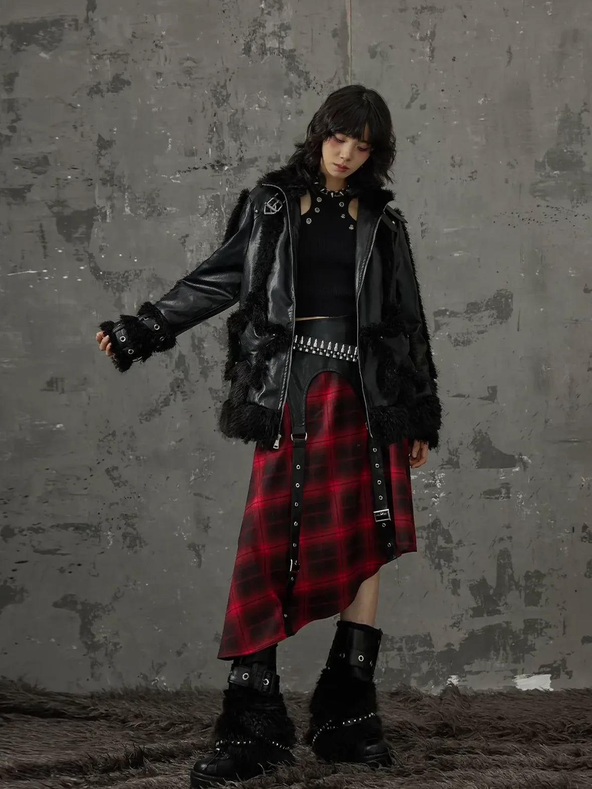 Frustration Garden Punk Star Fur Patchwork Padded Coat