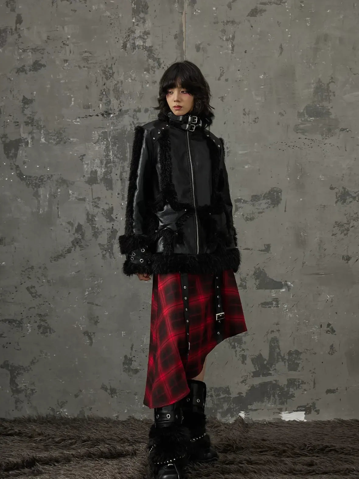 Frustration Garden Punk Star Fur Patchwork Padded Coat