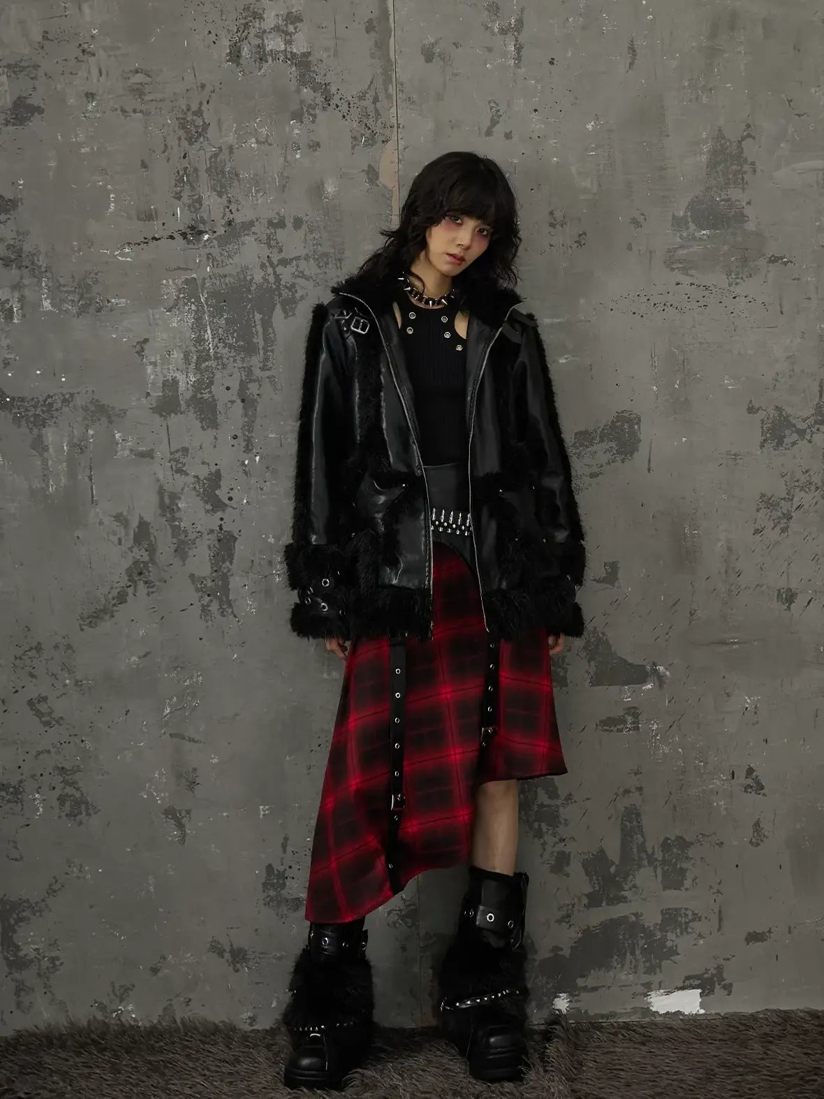 Frustration Garden Punk Star Fur Patchwork Padded Coat