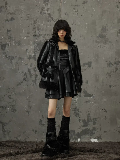 Frustration Garden Punk Star Fur Patchwork Padded Coat