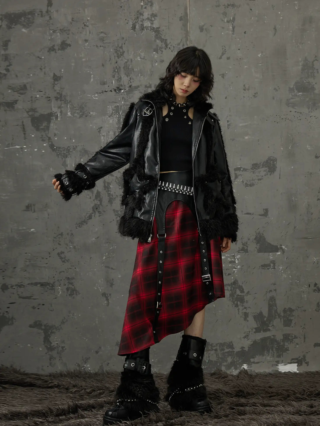 Frustration Garden Punk Star Fur Patchwork Padded Coat