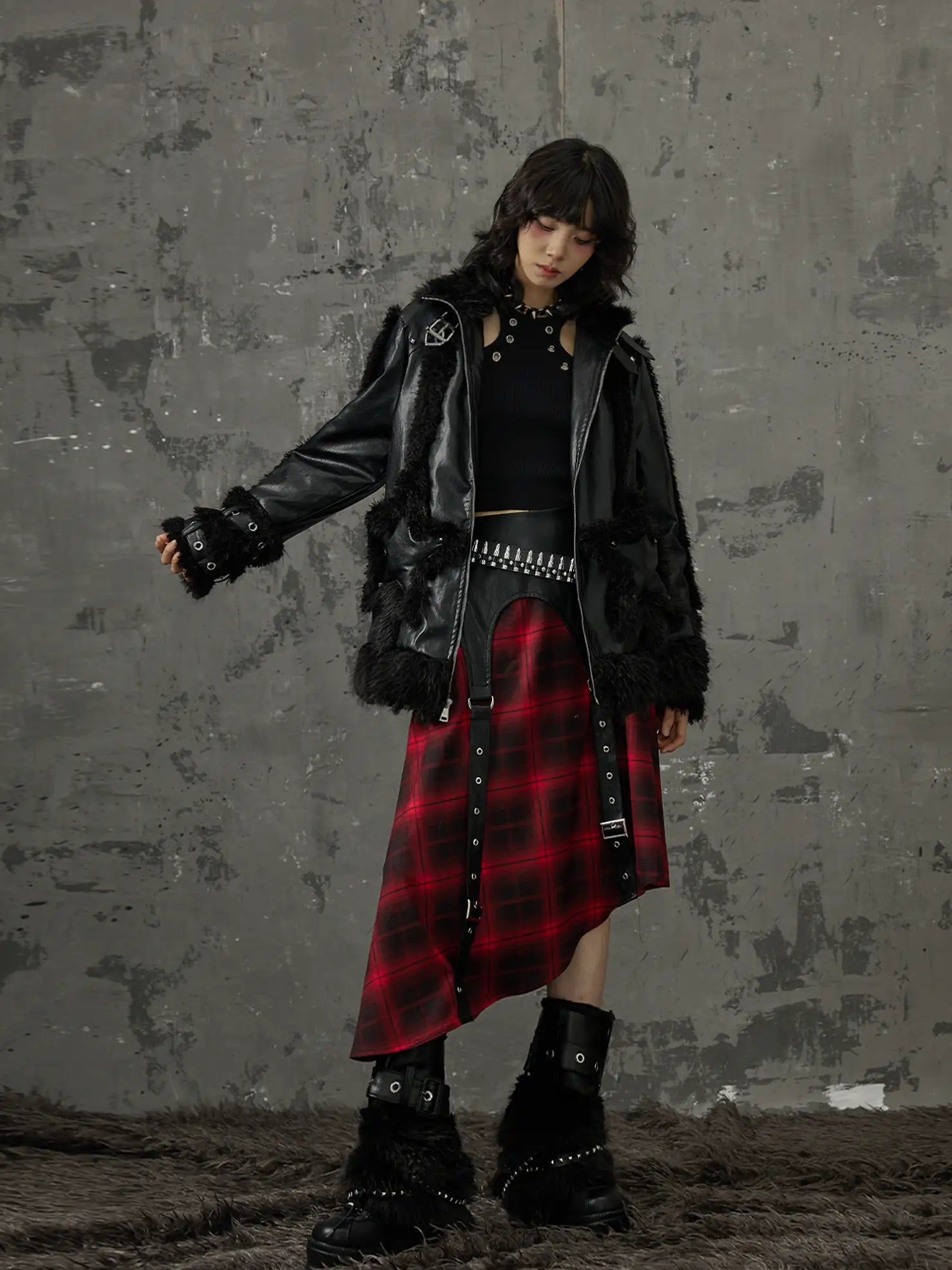 Frustration Garden Punk Star Fur Patchwork Padded Coat