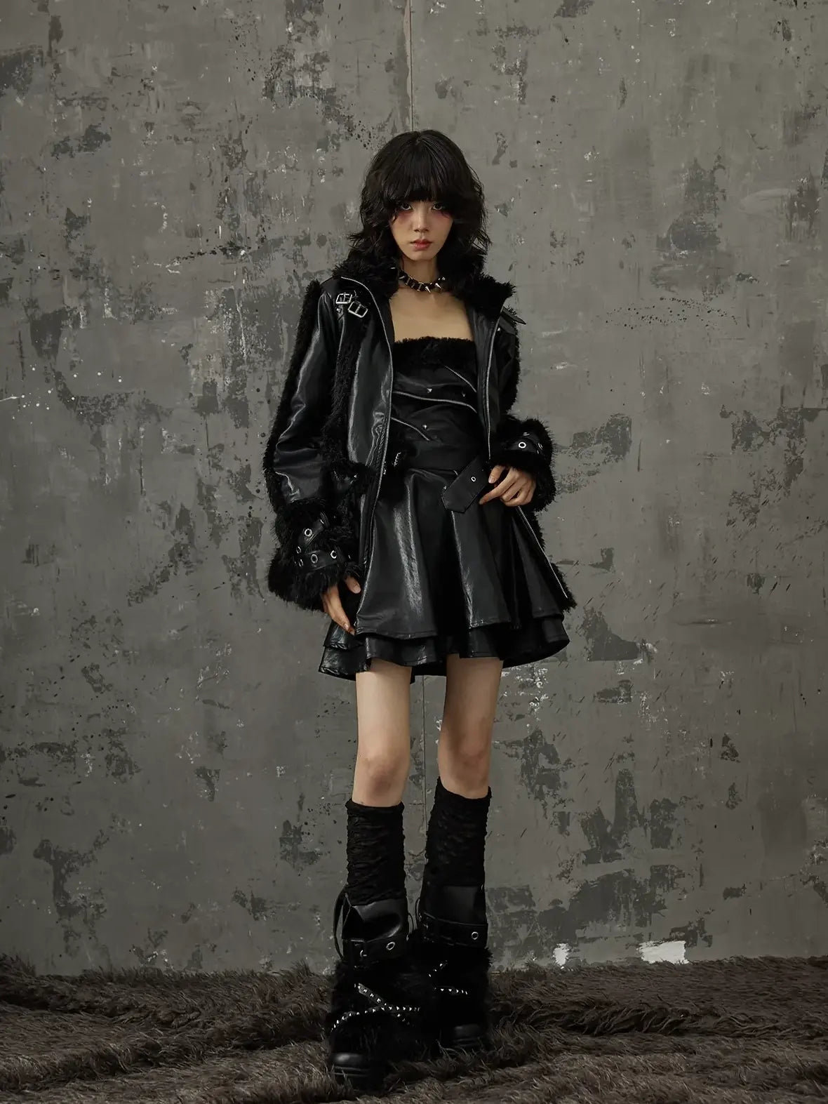 Frustration Garden Punk Star Fur Patchwork Padded Coat