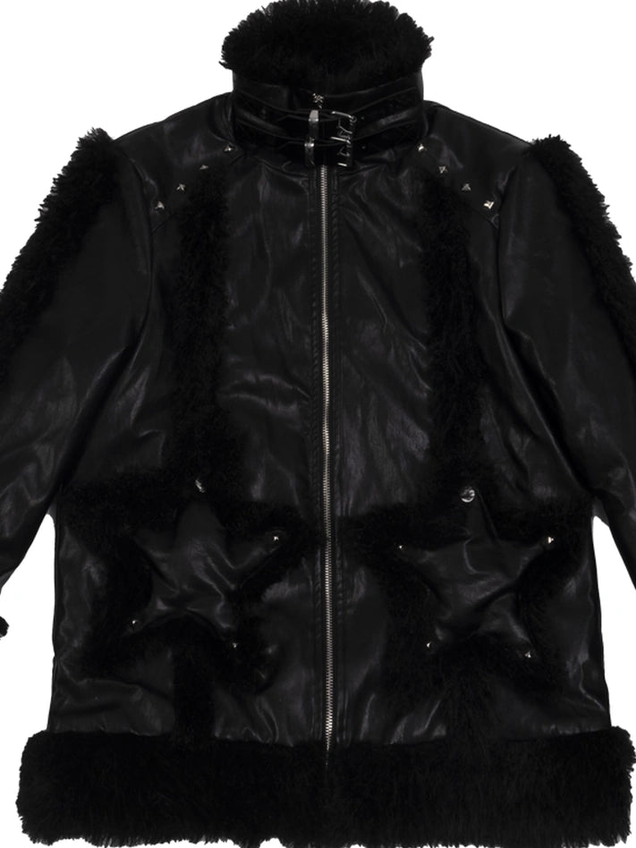 Frustration Garden Punk Star Fur Patchwork Padded Coat