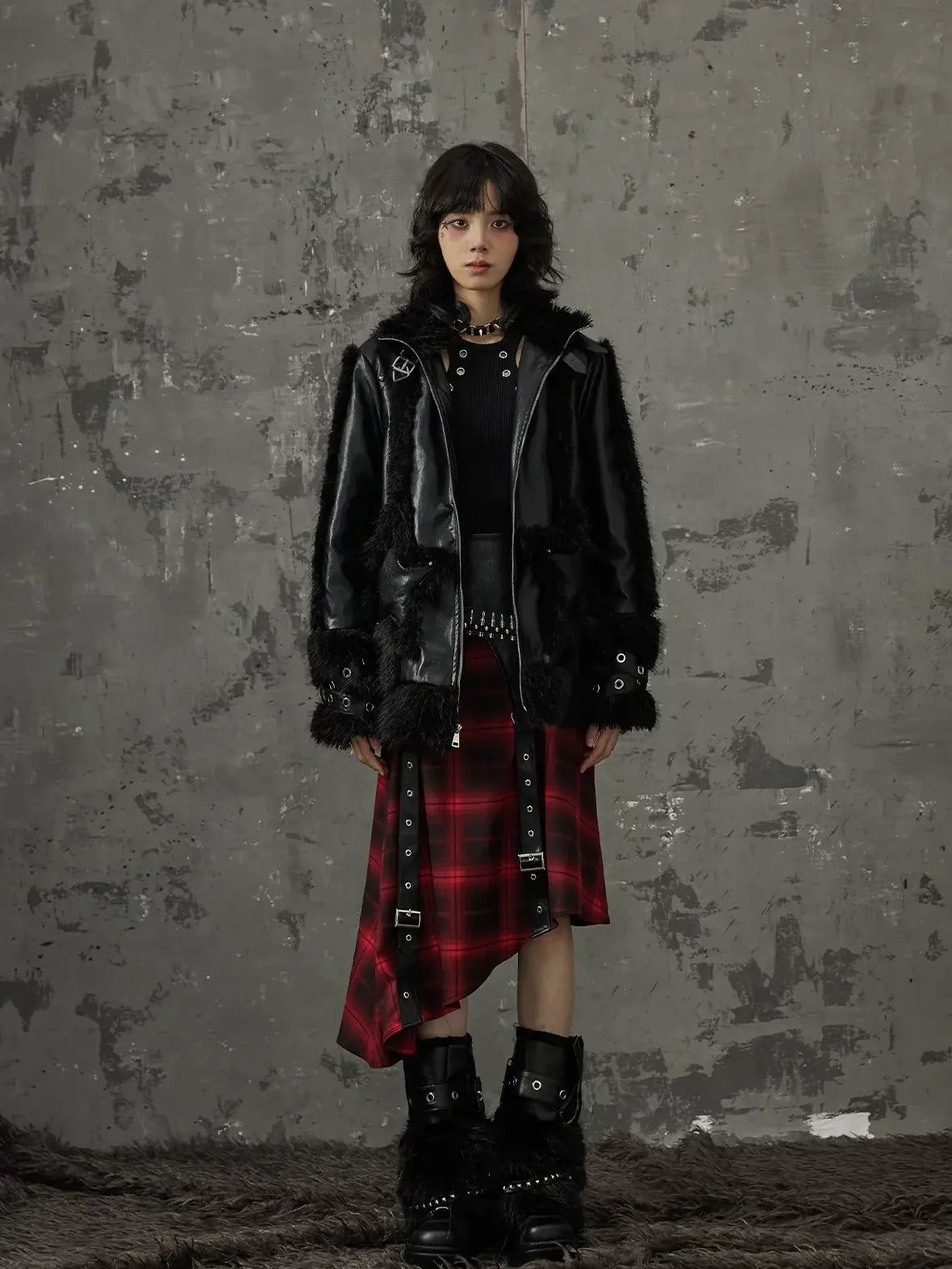 Frustration Garden Punk Star Fur Patchwork Padded Coat