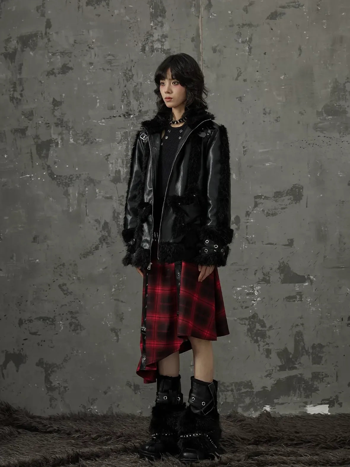 Frustration Garden Punk Star Fur Patchwork Padded Coat