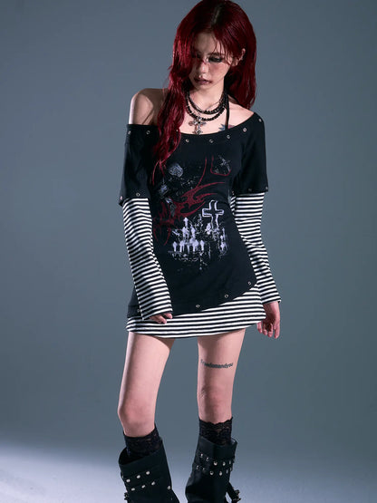 Frustration Garden Punk Striped Slash Neck Bodycon Dress