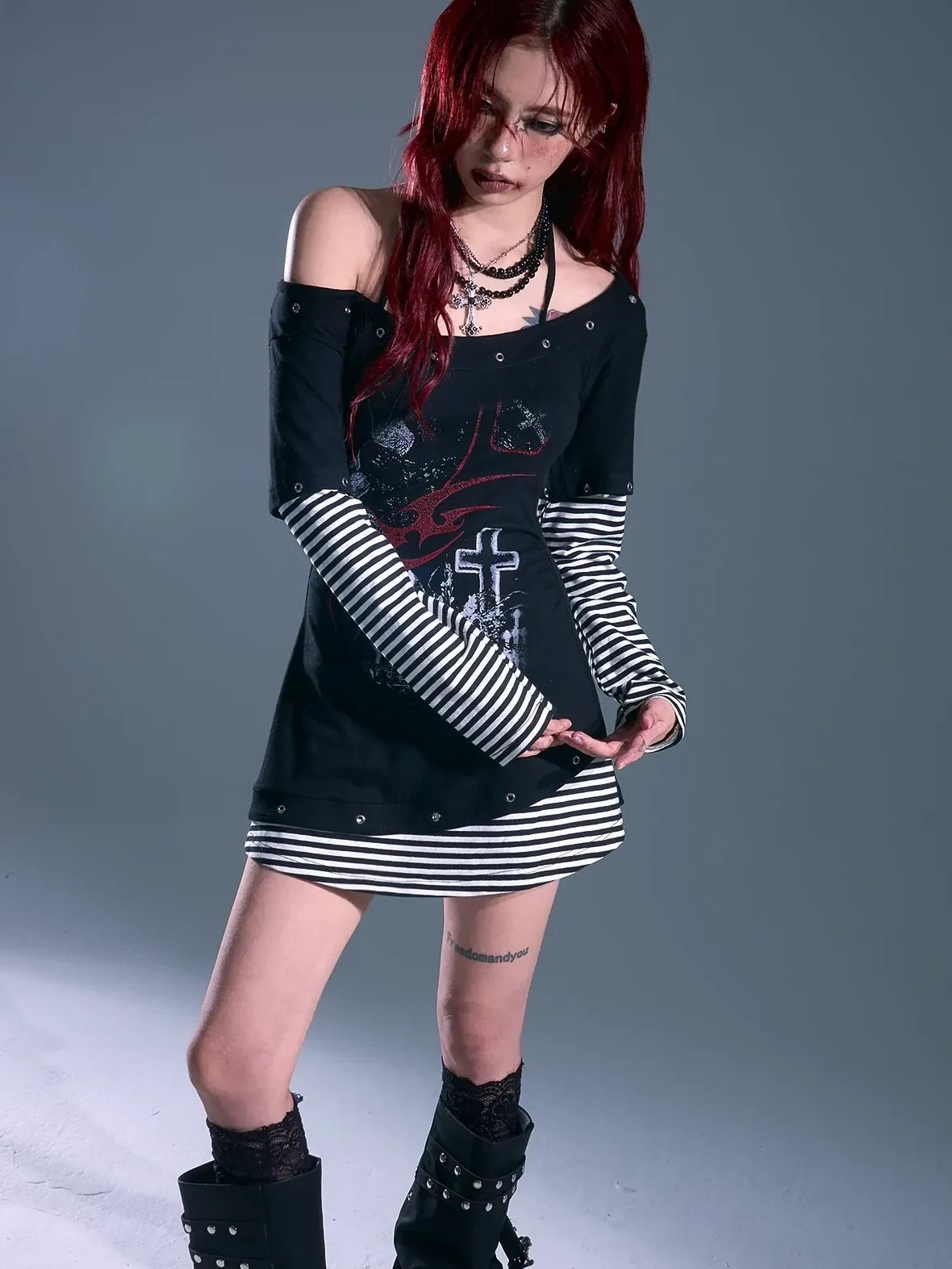 Frustration Garden Punk Striped Slash Neck Bodycon Dress