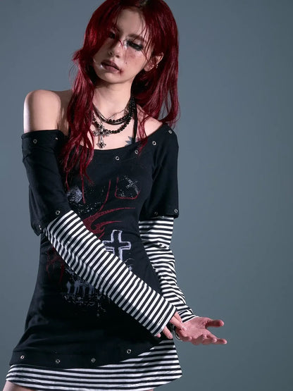 Frustration Garden Punk Striped Slash Neck Bodycon Dress