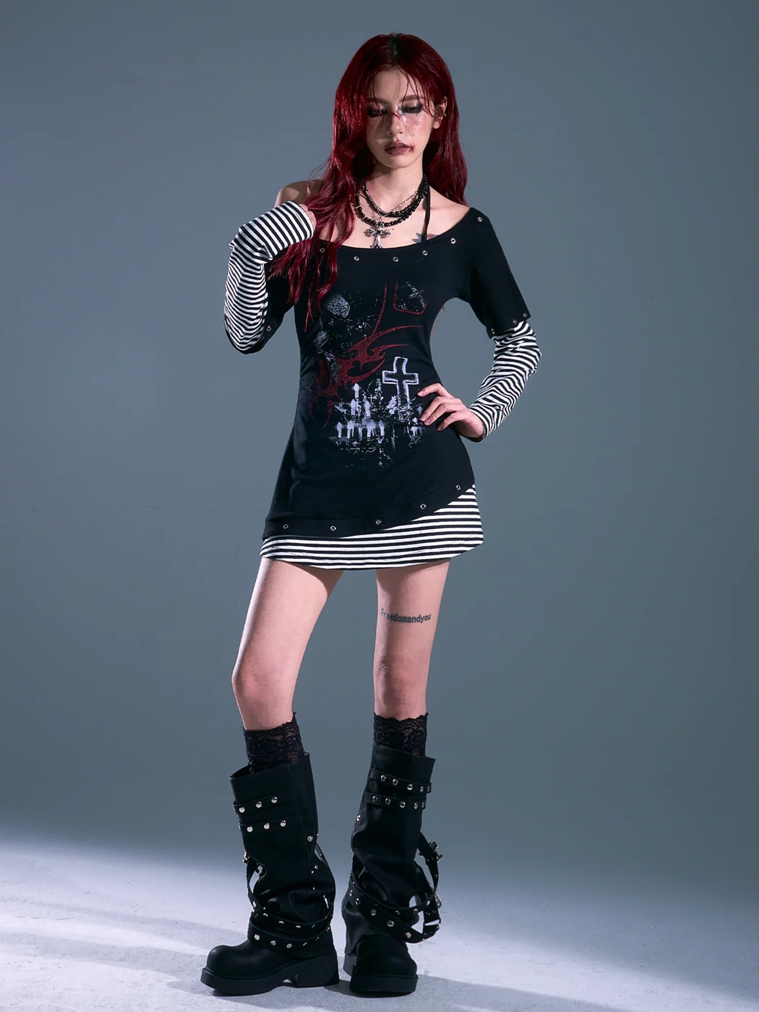 Frustration Garden Punk Striped Slash Neck Bodycon Dress