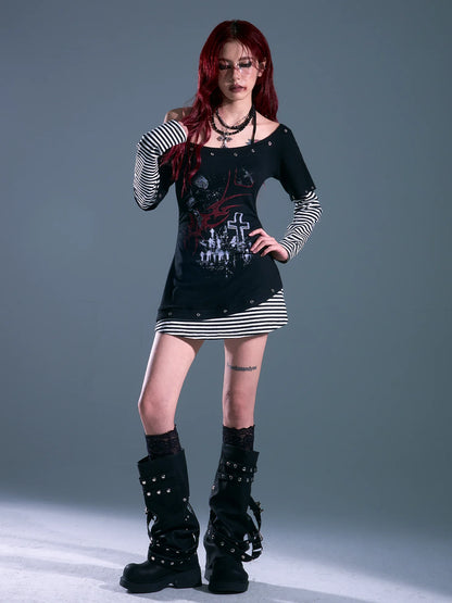 Frustration Garden Punk Striped Slash Neck Bodycon Dress