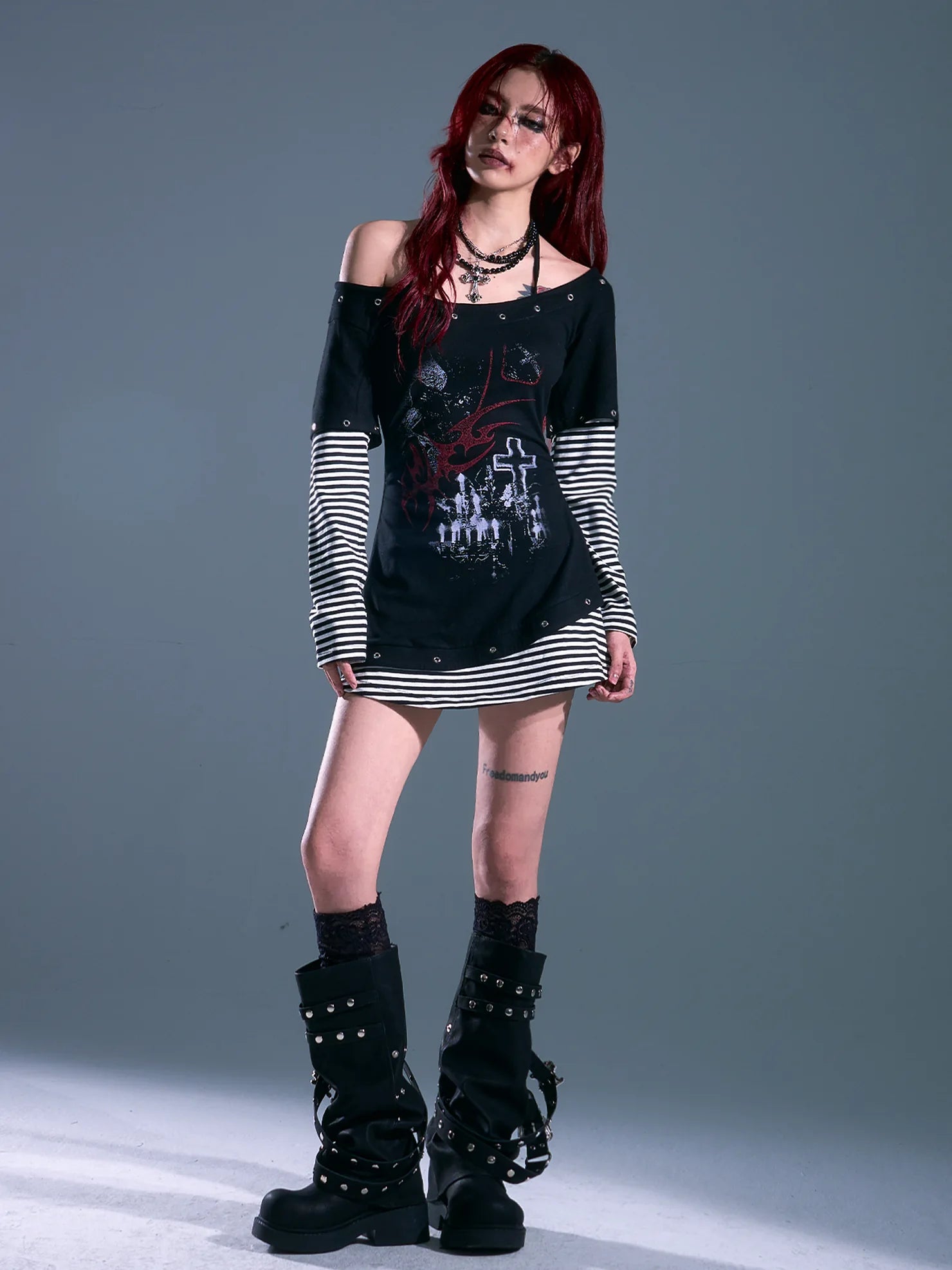 Frustration Garden Punk Striped Slash Neck Bodycon Dress