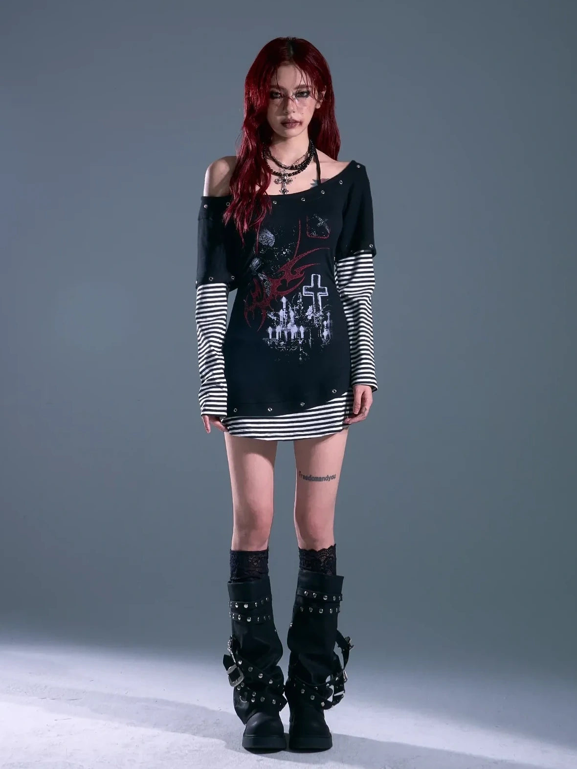 Frustration Garden Punk Striped Slash Neck Bodycon Dress