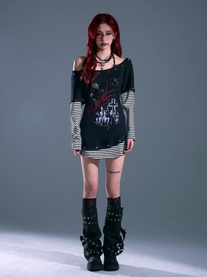 Frustration Garden Punk Striped Slash Neck Bodycon Dress