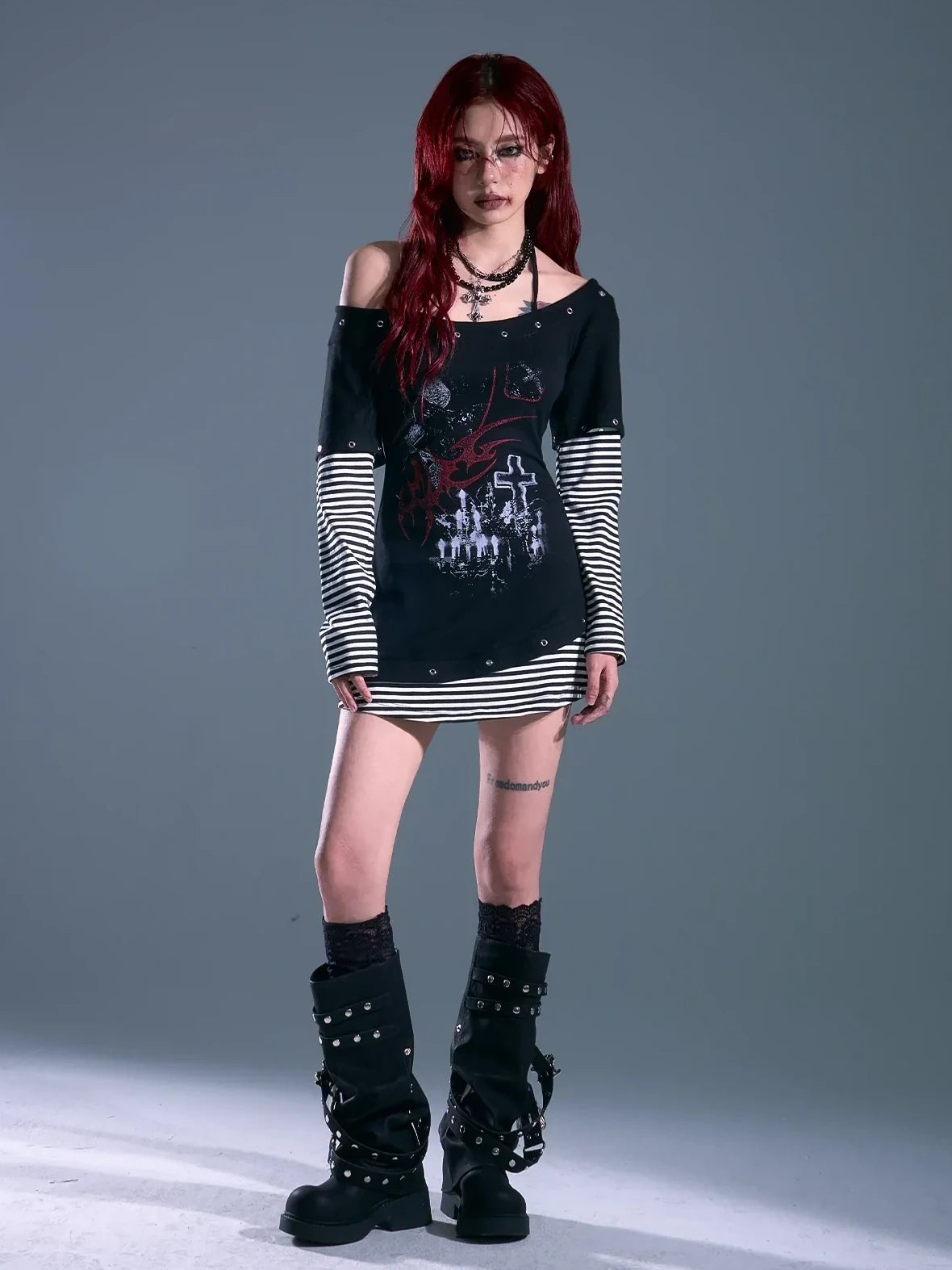 Frustration Garden Punk Striped Slash Neck Bodycon Dress