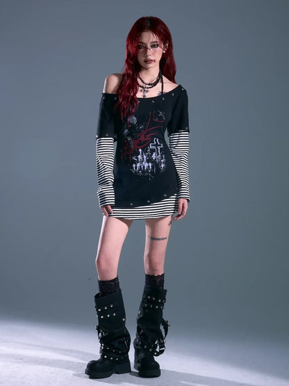 Frustration Garden Punk Striped Slash Neck Bodycon Dress