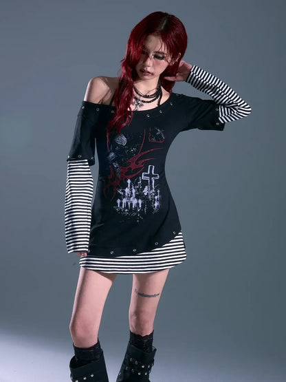 Frustration Garden Punk Striped Slash Neck Bodycon Dress