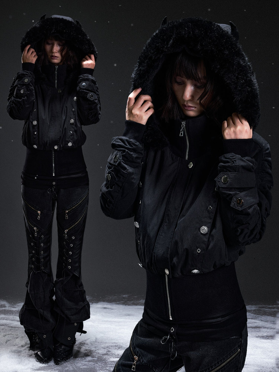 Frustration Garden Punk Studded Faux Fur Trim Hooded Women&