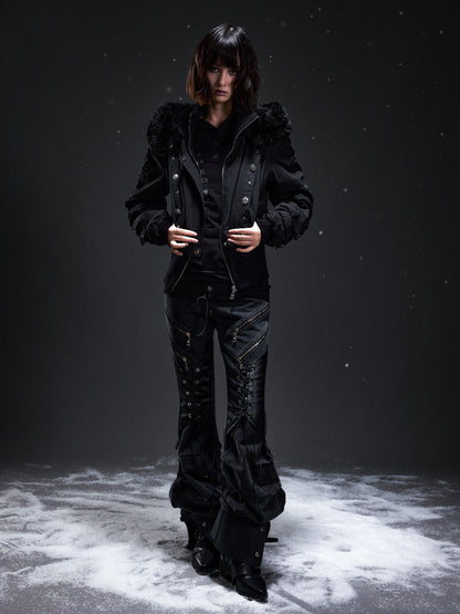 Frustration Garden Punk Studded Faux Fur Trim Hooded Women&
