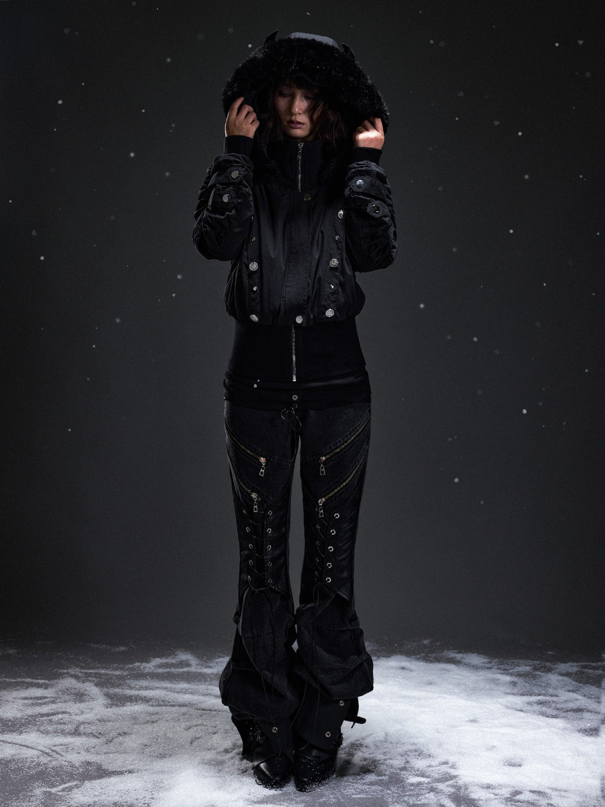 Frustration Garden Punk Studded Faux Fur Trim Hooded Women&