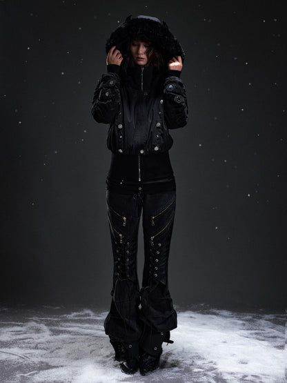 Frustration Garden Punk Studded Faux Fur Trim Hooded Women&