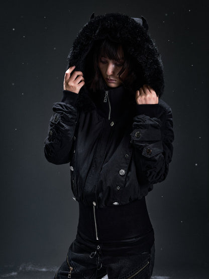 Frustration Garden Punk Studded Faux Fur Trim Hooded Women&