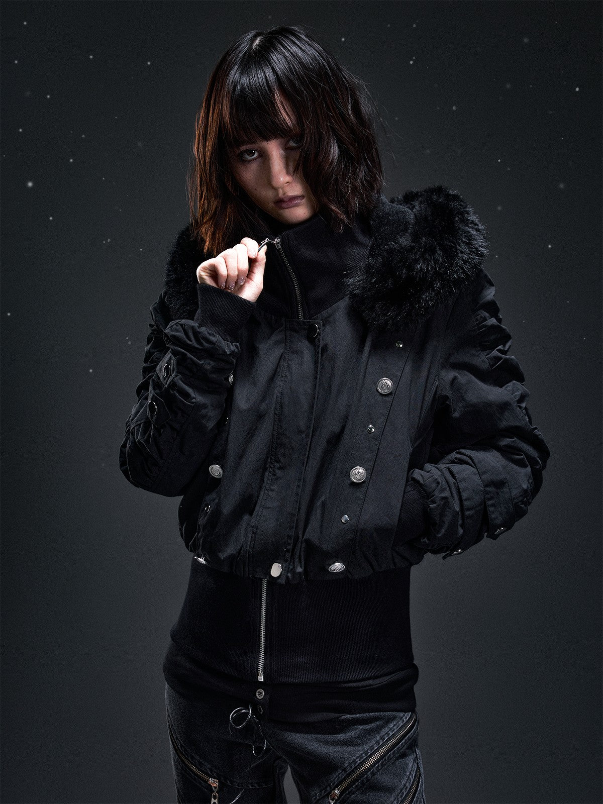 Frustration Garden Punk Studded Faux Fur Trim Hooded Women&