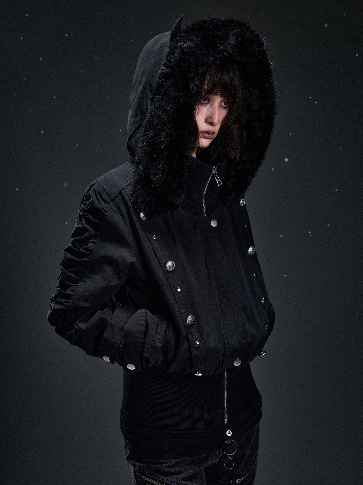 Frustration Garden Punk Studded Faux Fur Trim Hooded Women&