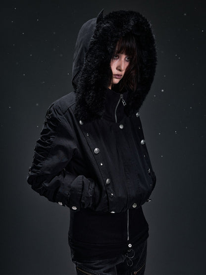 Frustration Garden Punk Studded Faux Fur Trim Hooded Women&