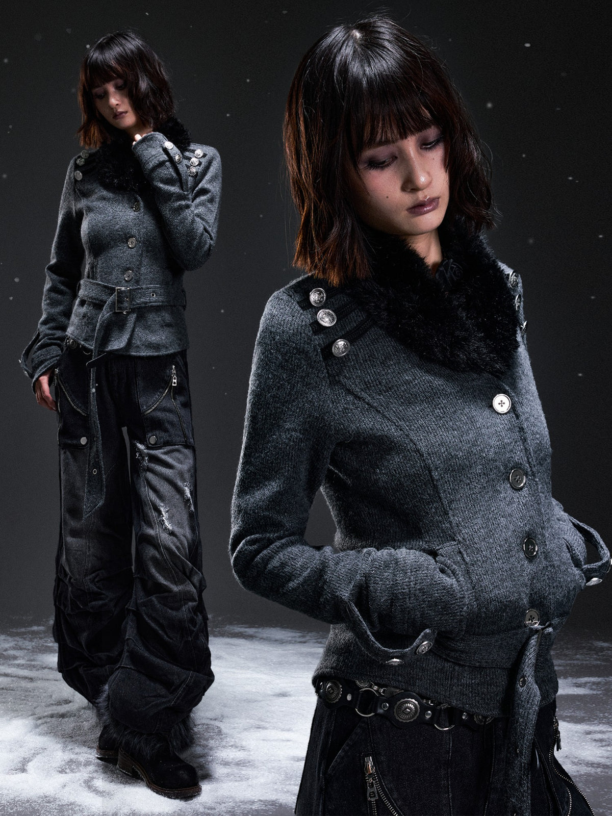 Frustration Garden Punk Vintage Fur Collar Studded Knit Women&