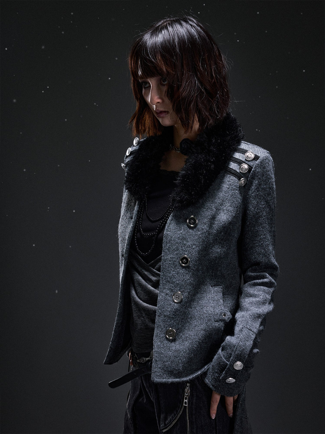 Frustration Garden Punk Vintage Fur Collar Studded Knit Women&