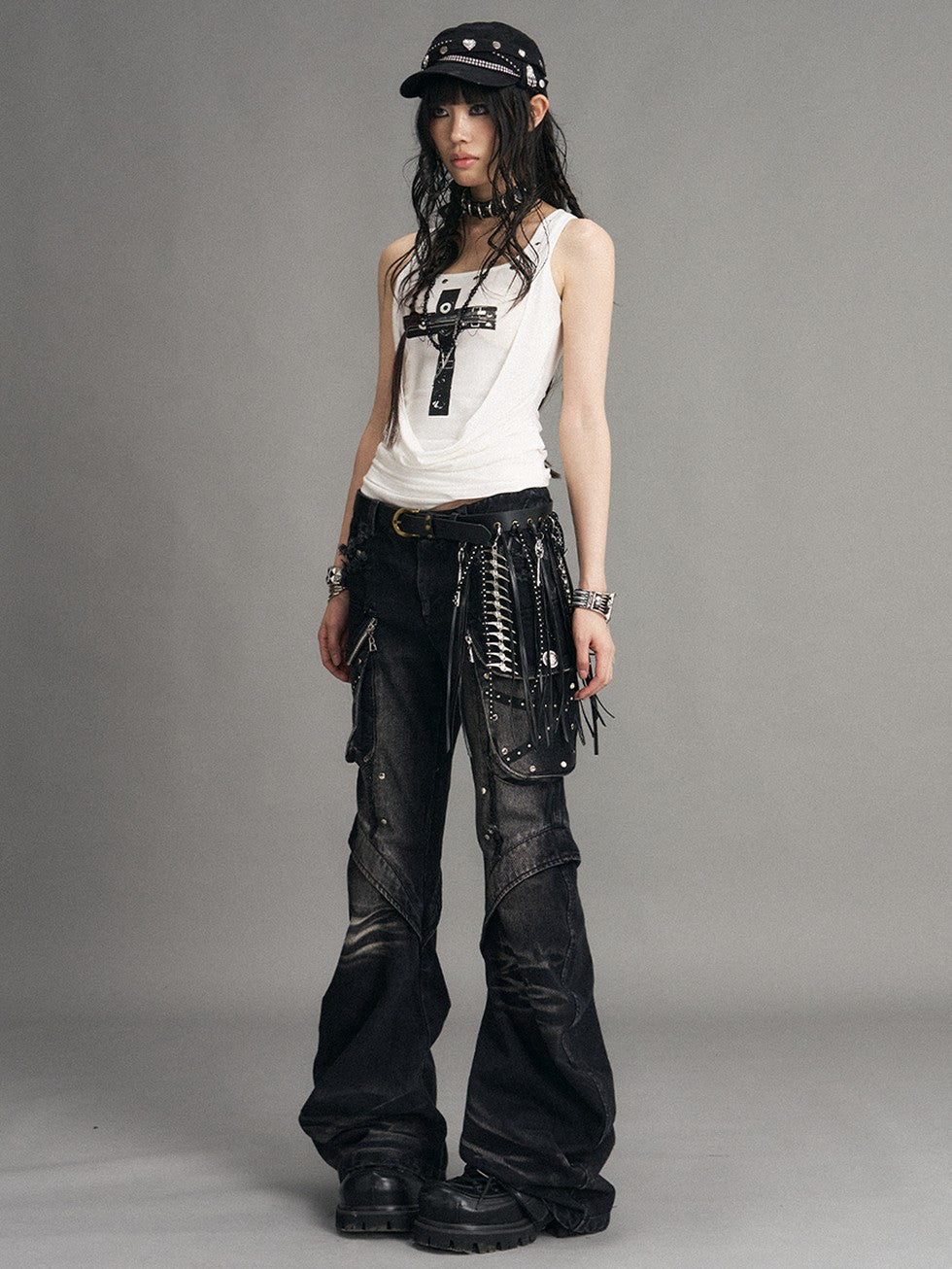 Frustration Garden Punk Washed 3d Pocket Micro Flare Low Rise Women&