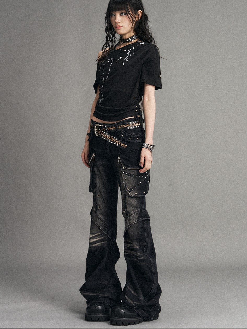 Frustration Garden Punk Washed 3d Pocket Micro Flare Low Rise Women&