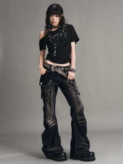 Frustration Garden Punk Washed 3d Pocket Micro Flare Low Rise Women&