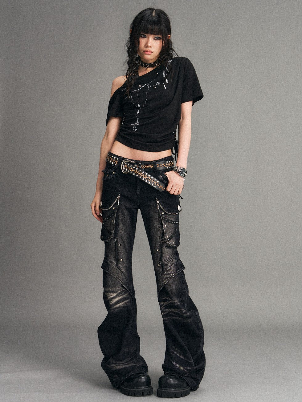 Frustration Garden Punk Washed 3d Pocket Micro Flare Low Rise Women&